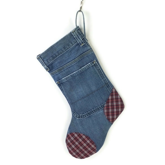 Hand Made Upcycled Medium Blue Wash Lined 17" Hanging Denim Stocking Boot - Picture 1 of 12